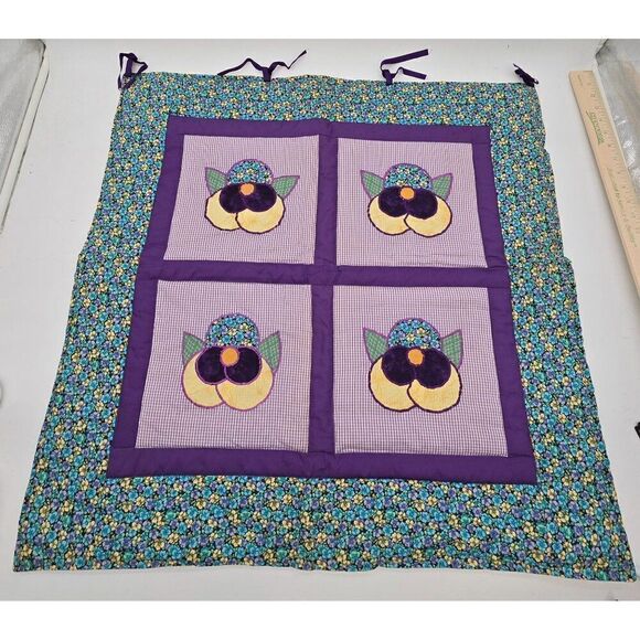 VTG Handmade Quilted Wall Hanging W Colorful Floral Applique Pansies 31" X 31" - Picture 1 of 5